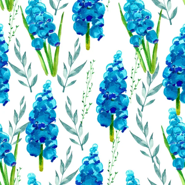 Hand painted watercolor floral background.   Spring seamless pattern with crocus, primrose, daffodils, snowdrops, dandelions, muscari, magnolia, buttercups, tulips.