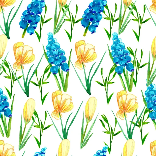 Ręcznie Malowane Akwarelowe Tło Kwiatowe Wiosenny Bezszwowy Wzór Krokusem Pierwiosnką — Zdjęcie stockowe