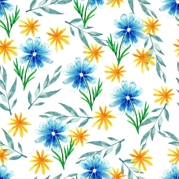 Hand painted watercolor floral background.   Spring seamless pattern with crocus, primrose, daffodils, snowdrops, dandelions, muscari, magnolia, buttercups, tulips.