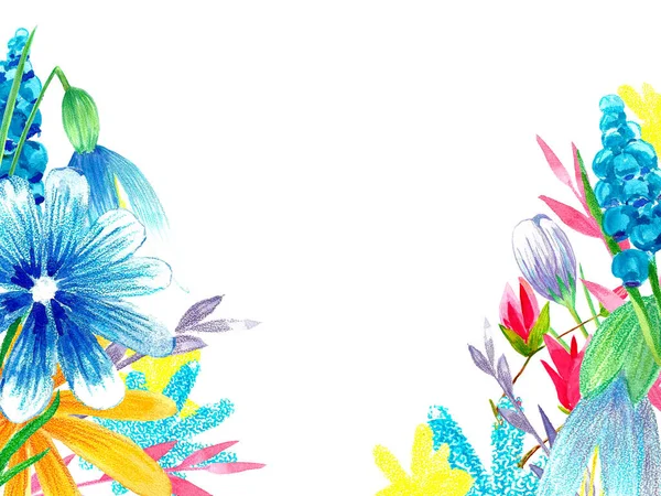 Gyönyörű Akvarell Virágkeret Fényes Színű Tavaszi Virágos Kompozíció — Stock Fotó
