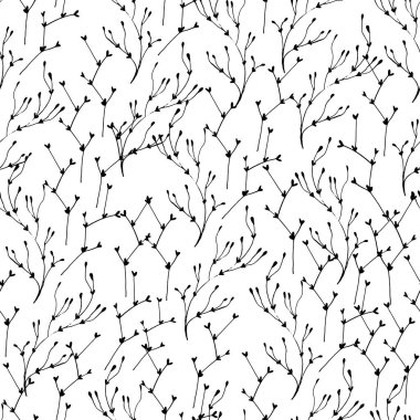 Elle çizilmiş çiçeksiz desen. Siyah ve beyaz vektör arkaplanı karalar. Dallar, yapraklar, çiçekler.