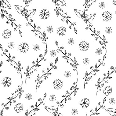 Elle çizilmiş çiçeksiz desen. Siyah ve beyaz vektör arkaplanı karalar. Dallar, yapraklar, çiçekler.