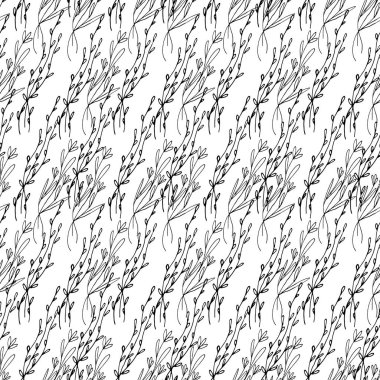 Elle çizilmiş çiçeksiz desen. Siyah ve beyaz vektör arkaplanı karalar. Dallar, yapraklar, çiçekler.
