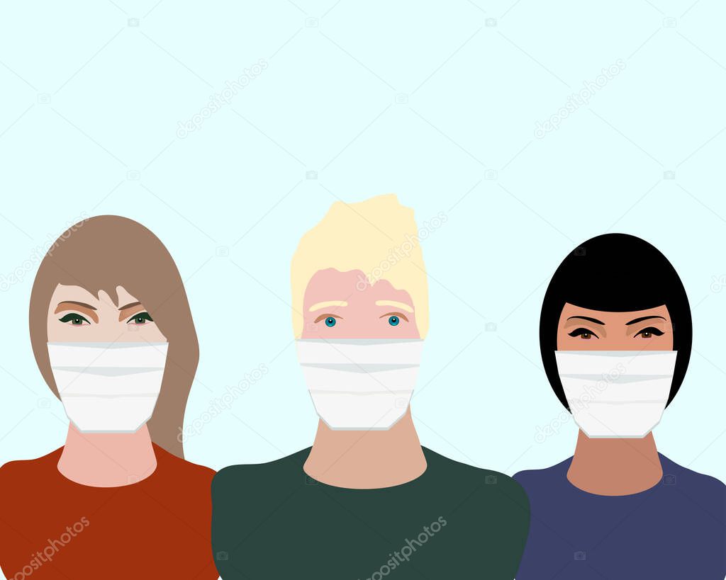 Young people  in medical masks . Coronavirus covid 19 epidemic concept. Vector illustration.