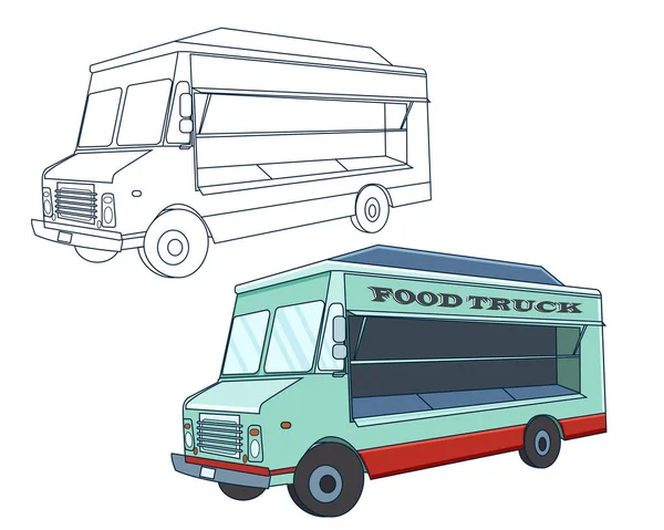 Camion Alimentaire Croquis Ligne Art Illustration Vectorielle Dessin Animé Coloré — Image vectorielle