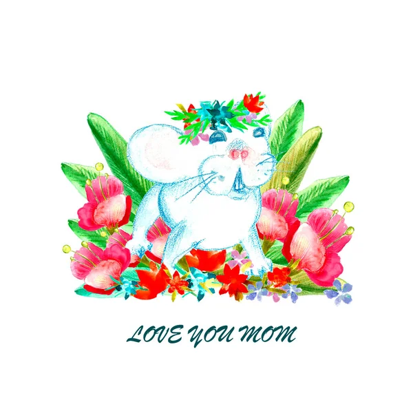 Akvarell Lycklig Mors Dag Gratulationskort Med Söt Liten Baby Djur — Stockfoto