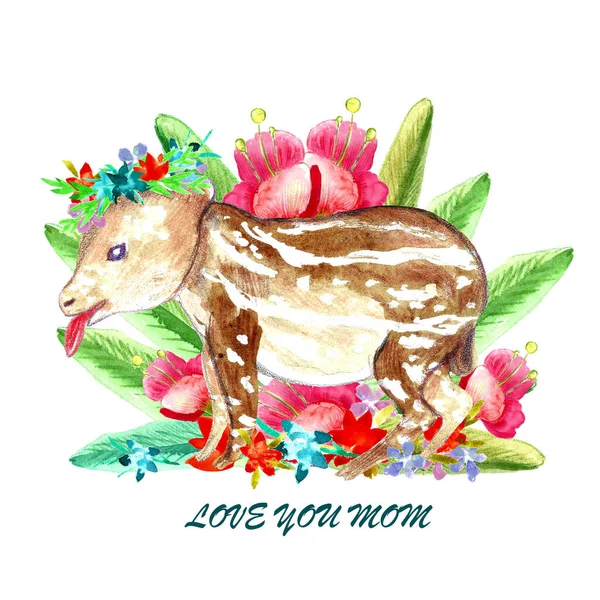 水彩幸せな母の日の挨拶カードでかわいい赤ちゃん動物のタピーとテキスト Love You Mom — ストック写真