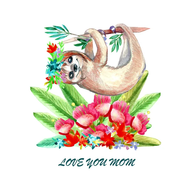 水彩幸せなお母さんの日の挨拶カードでかわいい赤ちゃん動物のスローとテキスト Love You Mom — ストック写真