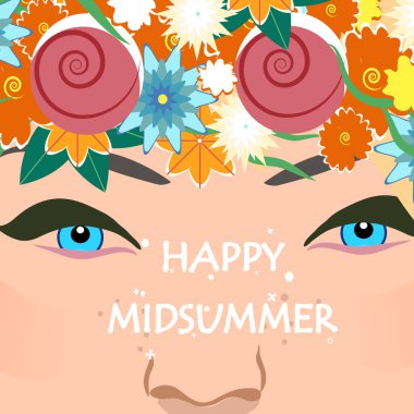 Midsummer holiday banner. Beautiful girl with floral wreath and text Happy midsummer. Vector illustration. vector Midsummer holiday banner. Beautiful girl with floral wreath and text Happy midsummer. Vector illustration. vector