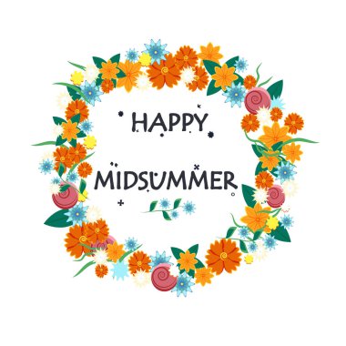 Mutlu yaz dönümü posteri. Çiçek çelengi ve harfler Mutlu Midsommer. İsveç 'in en uzun yaz tatili afişi için şablon. Vektör illüstrasyonu.