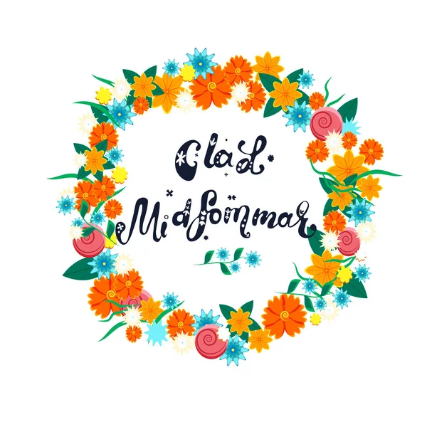 Feliz Cartel Saludo Verano Corona Floral Letras Glad Midsommar Plantilla — Vector de stock