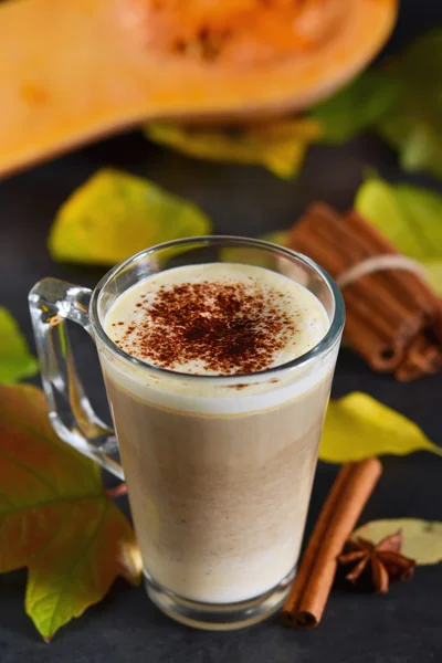 Bevanda calda, piccante - latte con cannella e zucca su una b nera — Foto Stock