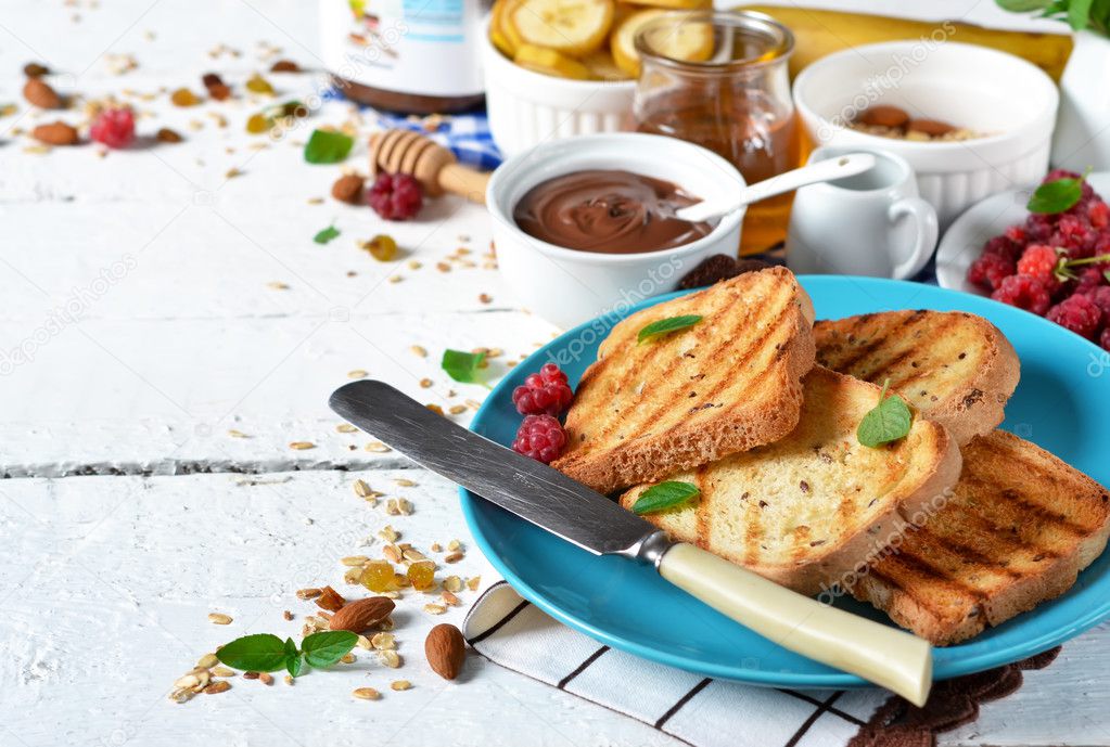 Good morning toast with walnut, chocolate paste, banana Stock Photo