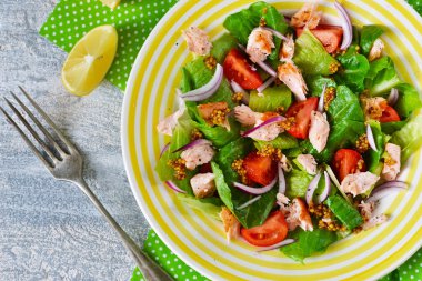 Taze salata somon füme, domates, soğan ve sosu bir 