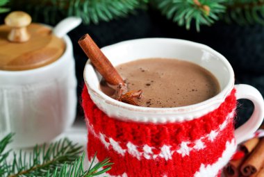 Kış sıcak içecek - sıcak çikolata tarçın ve anason bir wh üzerinde