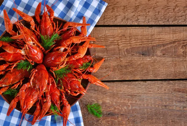 Cangrejos de río recién cocidos con eneldo en un plato grande — Foto de Stock