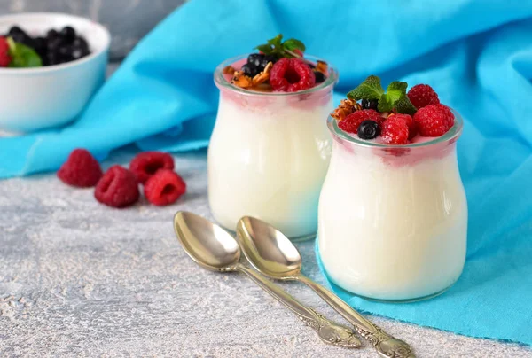 Vanilla yogurt with berries on a concrete background. — Stock Photo, Image