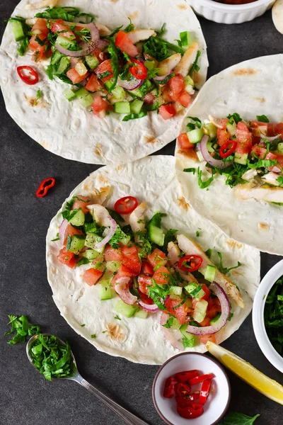 Mexican tacos with filling and guacamole sauce. — Stock Photo, Image