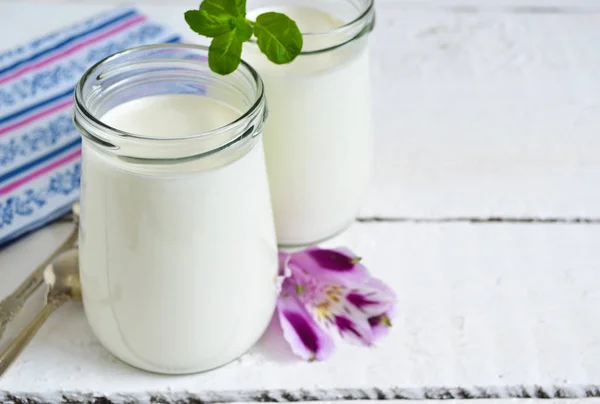 Yogurt buatan sendiri pada latar belakang putih dengan spasi untuk teks — Stok Foto