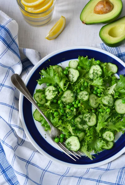 Yeşil vejetaryen bezelye ve öğle yemeği için salatalık salatası — Stok fotoğraf