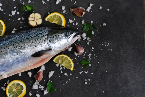 Färsk rå lax med salt och citron på en svart bakgrund. — Stockfoto