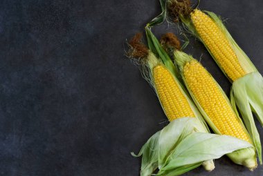 Siyah bir taş zemin üzerine taze, sulu, ham Mısır