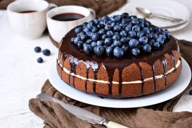 Ev yapımı çikolatalı kek krem ve yaban mersini 