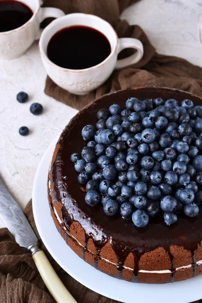 Hausgemachter Schokoladenkuchen Mit Sahne Und Blaubeeren Auf Weißem Hintergrund Alles — Stockfoto