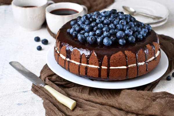 Hausgemachter Schokoladenkuchen Mit Sahne Und Blaubeeren Auf Weißem Hintergrund Alles — Stockfoto