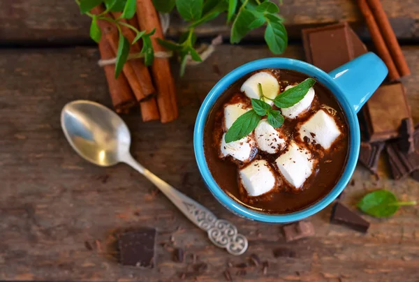 Winter drink - hot chocolate with marshmallows, cinnamon — Stock Photo, Image