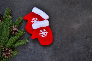 Siyah yeni yıl arka plan dekorasyon köknar ve eldivenler ile.