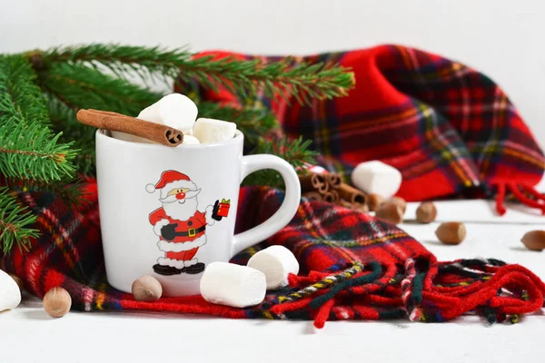 A cup of hot winter drink with marshmallow and cinnamon. — Stock Photo, Image