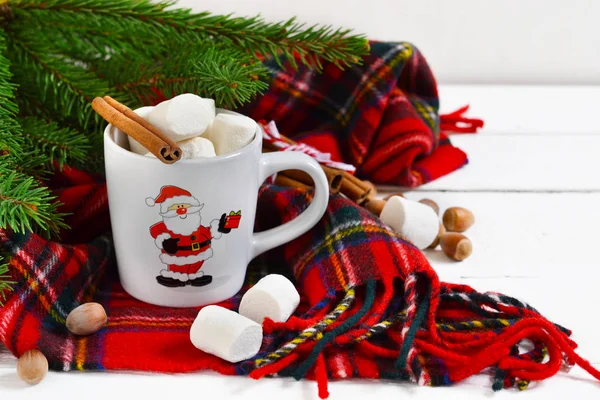 Uma xícara de bebida quente de inverno com marshmallow e canela . — Fotografia de Stock