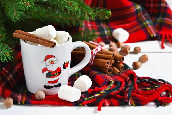 A cup of hot winter drink with marshmallow and cinnamon. — Stock Photo, Image