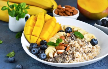 Günaydın! Yulaf ezmesi, muz, mango, yaban mersini ile Servis Kahvaltı.