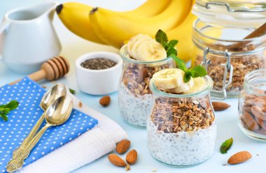 Chia tohum, granola ve muz kahvaltıda yoğurt. 
