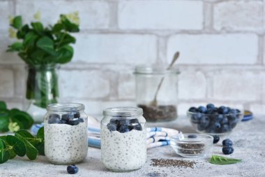 Kahvaltıda yaban mersini ile Chia puding. Taş arka plan.