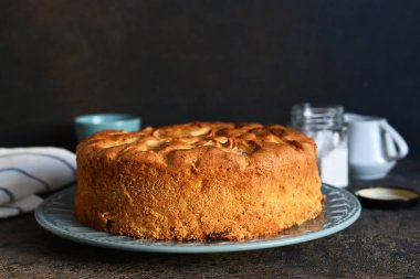 Charlotte - a classic pie with apples on a concrete background.