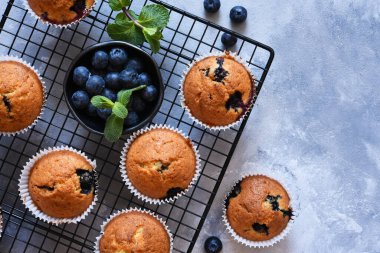 Beton arka planda yabanmersinli vanilyalı kek. Yukarıdan görüntüle.