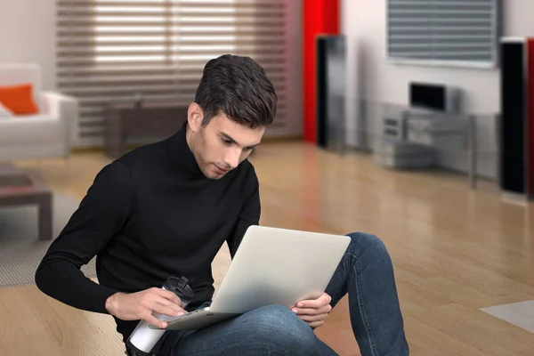 De jonge man met de laptop en koffie — Stockfoto