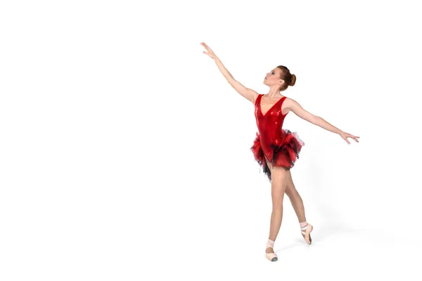 La ballerina in punti e un vestito rosso balla — Foto Stock