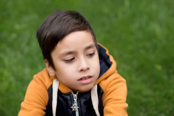 De jongen zit op een gazon en denkt — Stockfoto