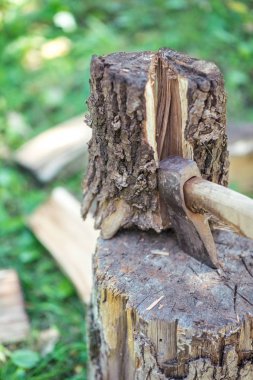 Bir saplama üzerinde İşte split günlük ve yeşil çimenlerin üzerinde balta