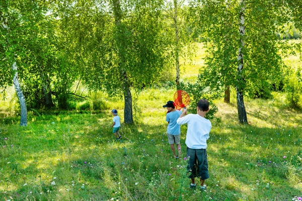 Дети ходят по полю ясной весной или летним днем. Они — стоковое фото
