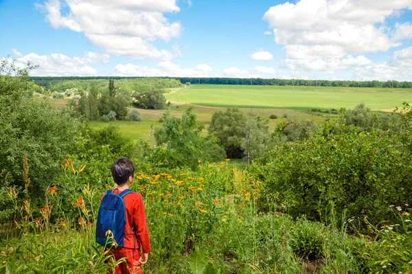 Jeune garçon avec des sacs à dos admirant la nature - champs, forêts et — Photo