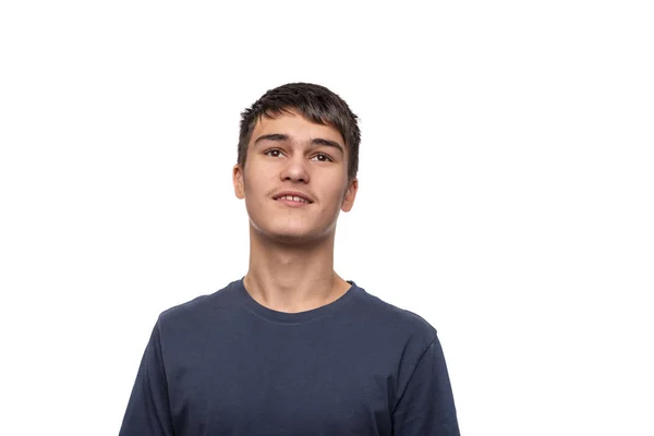 Περίμενε Πορτραίτο Του Νεαρού Αγοριού Που Χαμογελάει Έφηβου Μελαχρινής Φορώντας — Φωτογραφία Αρχείου