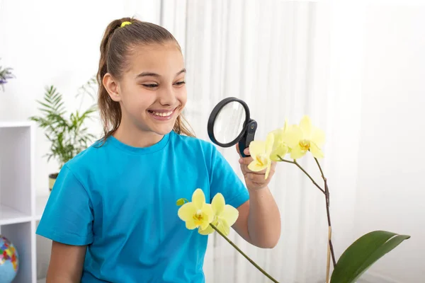 Знімок Молодої Дівчини Вивчає Будову Квітки Орхідеї Збільшувачем — стокове фото