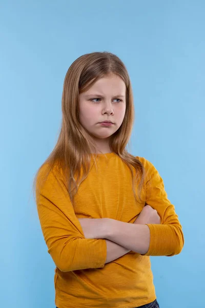 Half Length Portrait Young Serious Blonde Girl Long Hair Wearing — Stock Photo, Image