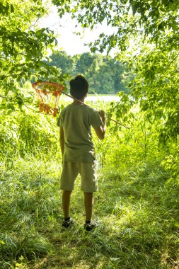 Orman yolunda duran ve gölete giden kelebek ağıyla genç bir çocuğun vurulması. Balıkçılık hayali kuran gölete bakıyor..