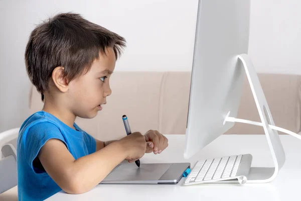 Tiro Niño Pequeño Navegando Por Internrt Una Computadora Escritorio Estilo — Foto de Stock